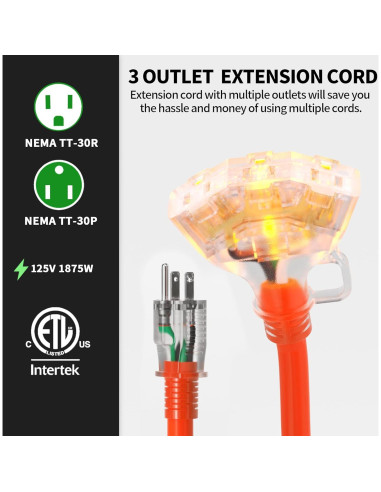 Cable de Extensión 12/3 POWGRN 1 Pie Naranja 3 Salidas