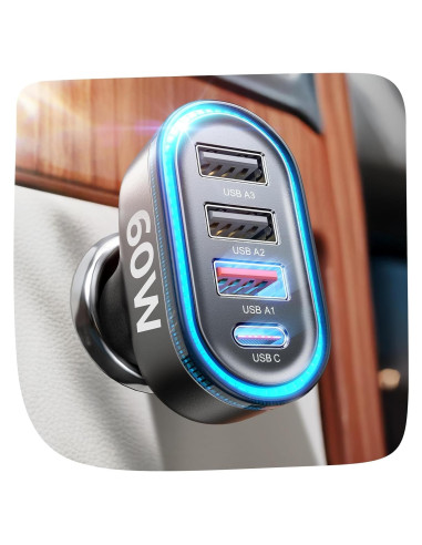 Cargador de Coche USB C LISEN 60W 4 Puertos Rápido Negro