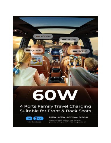 Cargador de Coche USB C LISEN 60W 4 Puertos Rápido Negro