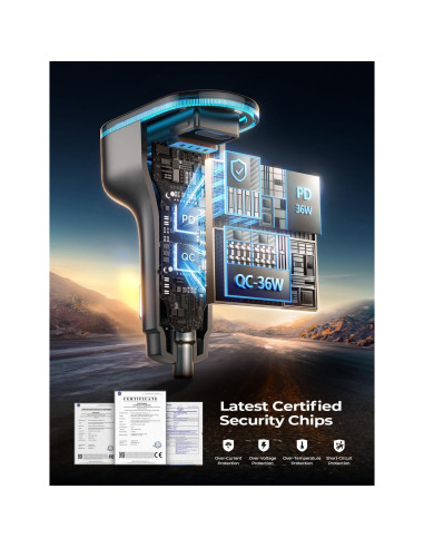 Cargador de Coche USB C LISEN 60W 4 Puertos Rápido Negro