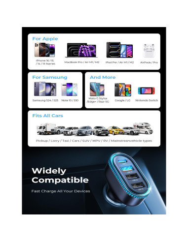 Cargador de Coche USB C LISEN 60W 4 Puertos Rápido Negro