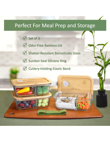 Contenedores de Vidrio EcoPreps 2 Compartimentos 1040ml - Juego de 3