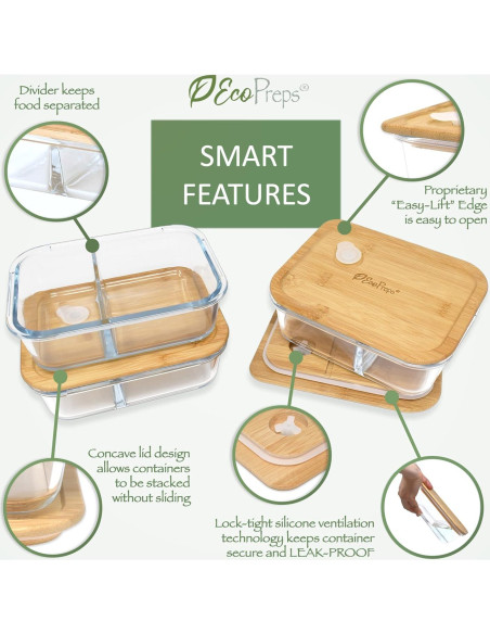 Contenedores de Vidrio EcoPreps 2 Compartimentos 1040ml - Juego de 3