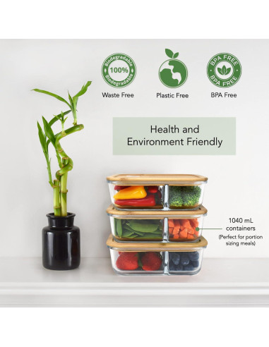 Contenedores de Vidrio EcoPreps 2 Compartimentos 1040ml - Juego de 3