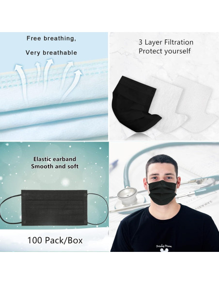 Mascarillas Desechables 3 Capas Adulto Negro 100 Piezas