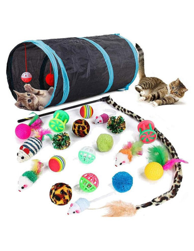 21 Piezas Juguetes para Gatos Interactivos - Túnel Plegable y Varita de Plumas