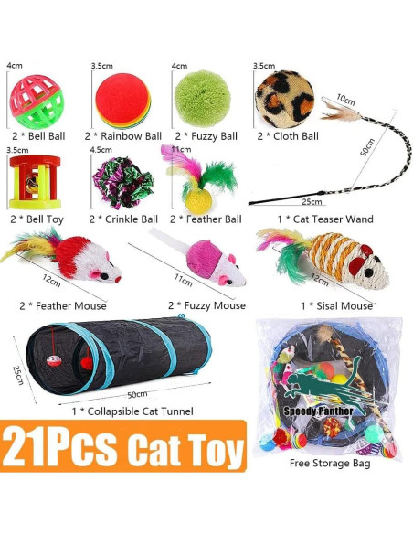 21 Piezas Juguetes para Gatos Interactivos - Túnel Plegable y Varita de Plumas