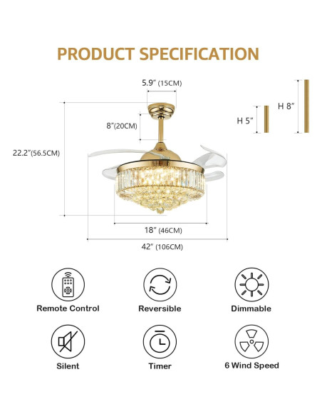 Ventilador de Techo MOOONICHE 42" Dorado con Luz LED y Control Remoto