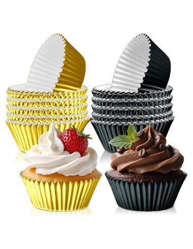 200 Forros de Cupcake Desechables Negros y Dorados AKAIXI
