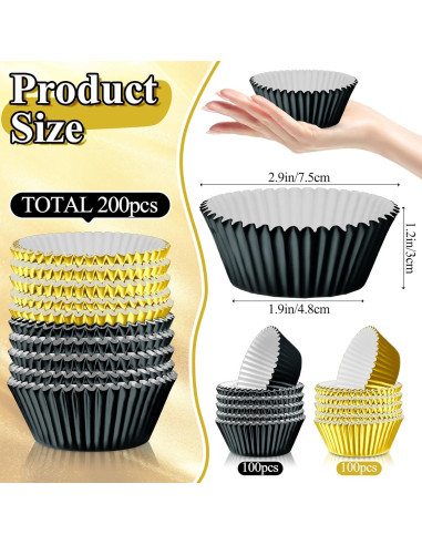 200 Forros de Cupcake Desechables Negros y Dorados AKAIXI