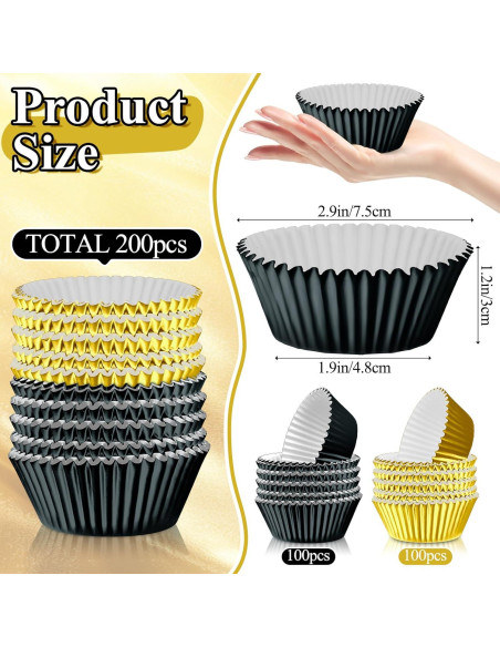 200 Forros de Cupcake Desechables Negros y Dorados AKAIXI