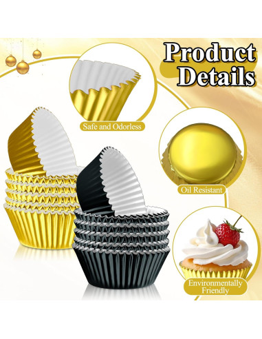 200 Forros de Cupcake Desechables Negros y Dorados AKAIXI