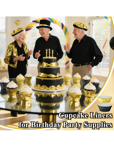 200 Forros de Cupcake Desechables Negros y Dorados AKAIXI