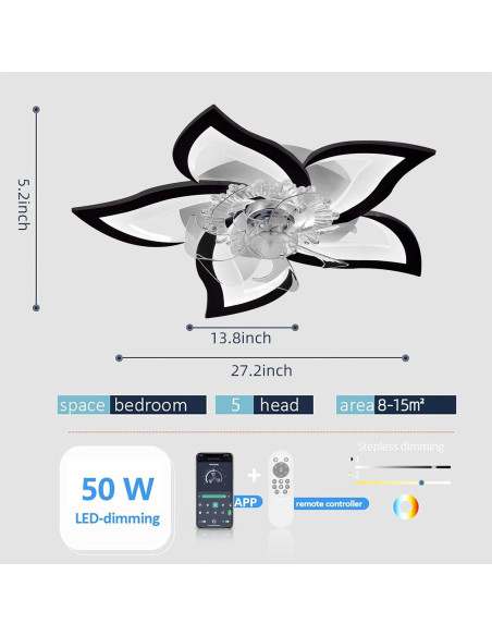 Ventilador de Techo Bevenus SLF-5H 69 cm Negro con Luz LED Ventilador de Techo Bevenus SLF-5H 69 cm Negro con Luz LED