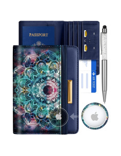 Funda de Pasaporte Slohif Datura para Adultos - Cuero RFID Azul Floral
