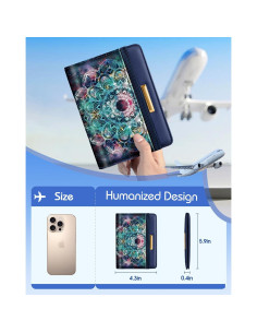 Funda de Pasaporte Slohif Datura para Adultos - Cuero RFID Azul Floral 2