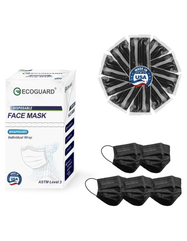 Mascarillas Desechables 4 Capas EcoGuard Negro ASTM Nivel 3 50 Pcs