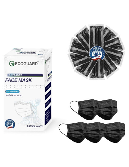 Mascarillas Desechables 4 Capas EcoGuard Negro ASTM Nivel 3 50 Pcs