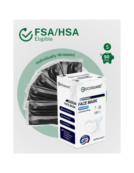 Mascarillas Desechables 4 Capas EcoGuard Negro ASTM Nivel 3 50 Pcs