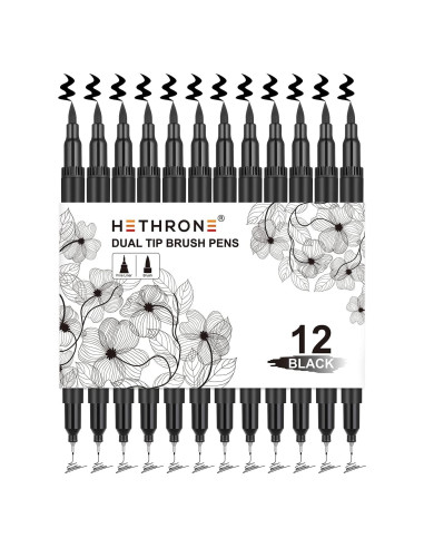 Marcadores Negros Hethrone - Plumas Pincel Doble Punta, 12 Unidades