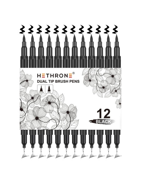 Marcadores Negros Hethrone - Plumas Pincel Doble Punta, 12 Unidades