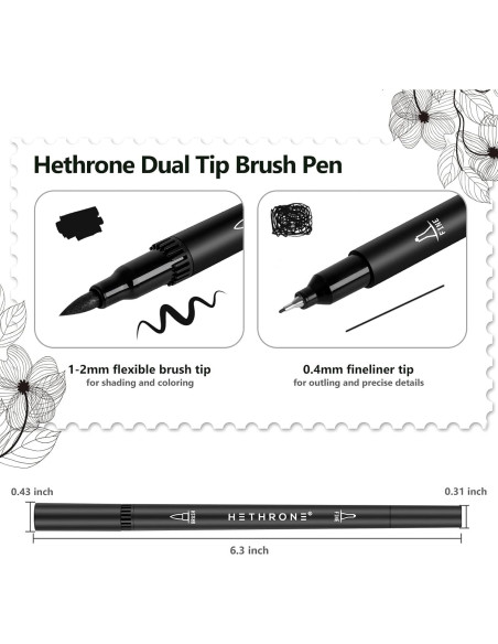 Marcadores Negros Hethrone - Plumas Pincel Doble Punta, 12 Unidades