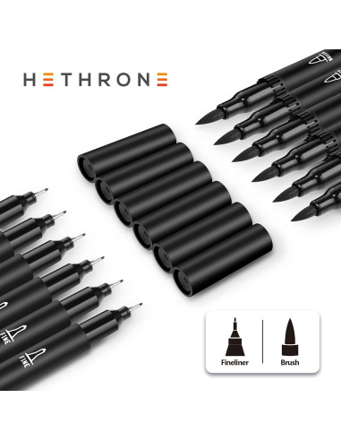Marcadores Negros Hethrone - Plumas Pincel Doble Punta, 12 Unidades