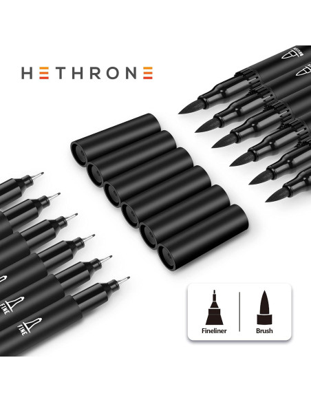 Marcadores Negros Hethrone - Plumas Pincel Doble Punta, 12 Unidades