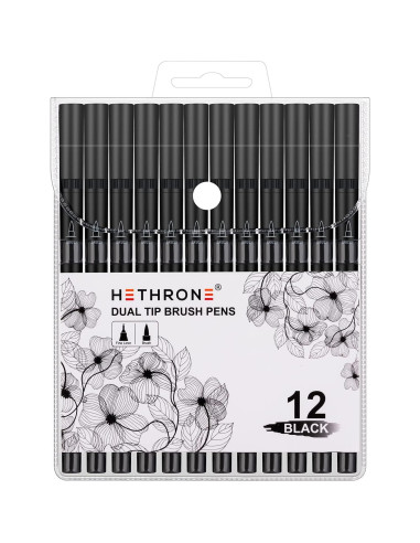 Marcadores Negros Hethrone - Plumas Pincel Doble Punta, 12 Unidades