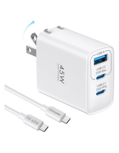Cargador USB C 45W TOPADRE 3 Puertos Plegable Blanco