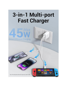 Cargador USB C 45W TOPADRE 3 Puertos Plegable Blanco 2