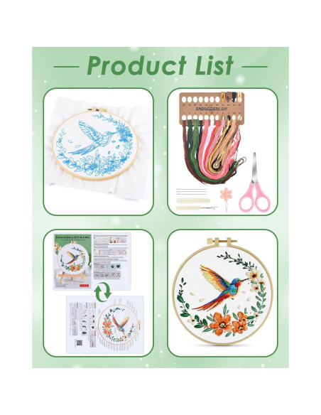 Kit de Bordado ERKOON para Principiantes - Colibrí y Flor Kit de Bordado ERKOON para Principiantes - Colibrí y Flor
