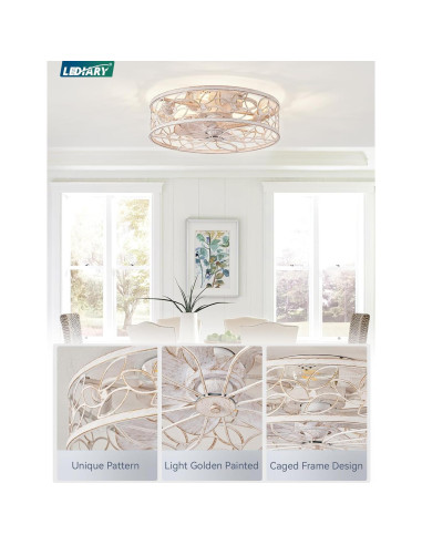 Ventilador de Techo LEDIARY Blanco y Dorado con Control Remoto