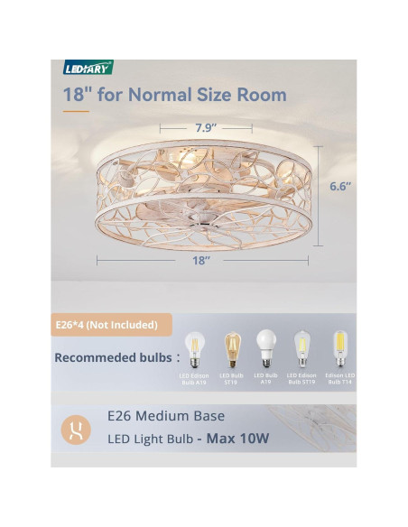 Ventilador de Techo LEDIARY Blanco y Dorado con Control Remoto