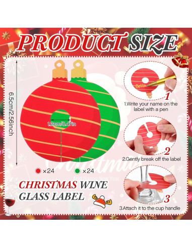 48 Etiquetas para Copas de Vino Navidad con Bolígrafos