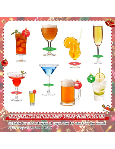 48 Etiquetas para Copas de Vino Navidad con Bolígrafos