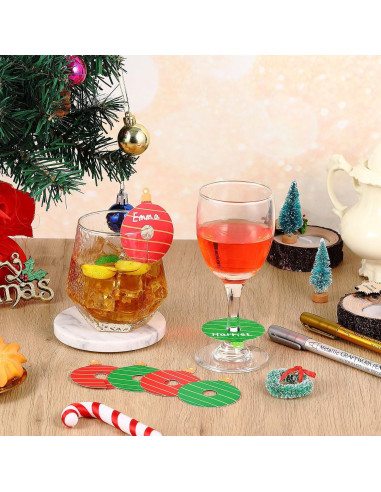 48 Etiquetas para Copas de Vino Navidad con Bolígrafos
