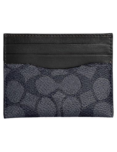 Funda plana para tarjetas Coach en cuero y lienzo carbón/negro