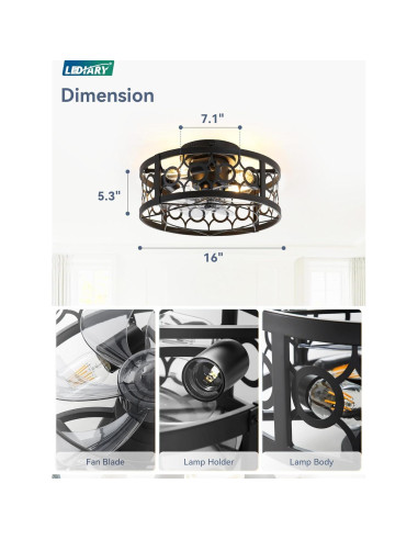 Ventilador de Techo LEDIARY 40.64cm con Luz y Control Remoto