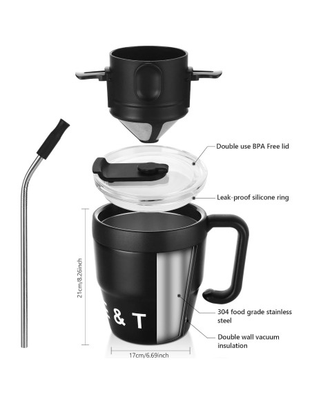 Taza de Café Térmica Bincoo 480ML con Filtro Plegable Negro