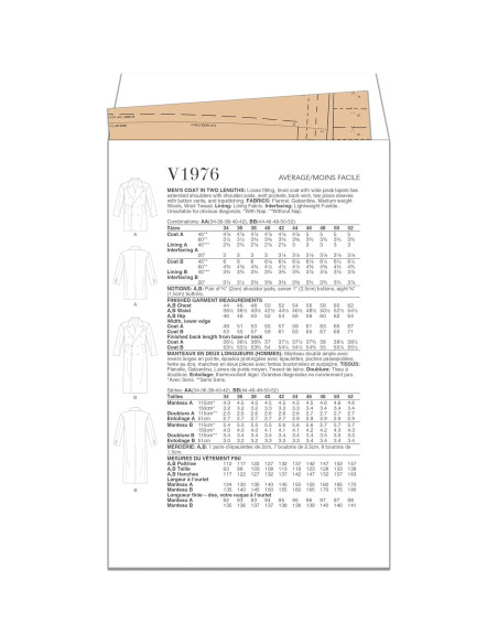 Patrón de Costura Abrigo Forrado Vogue V1976 Tallas 34-42