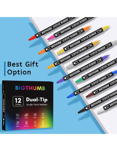 Marcadores Acrílicos Doble Punta BIGTHUMB 12 Colores 1-5mm