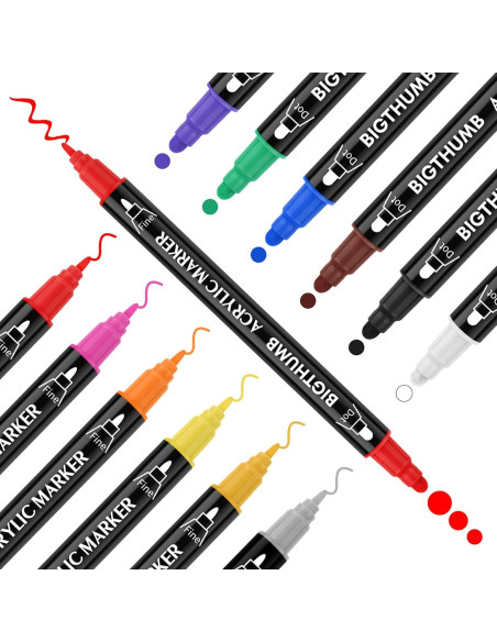 Marcadores Acrílicos Doble Punta BIGTHUMB 12 Colores 1-5mm