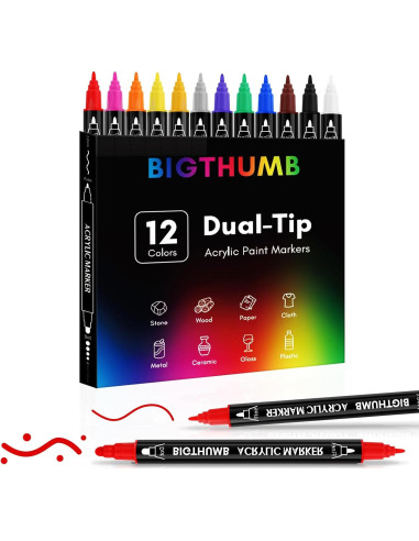 Marcadores Acrílicos Doble Punta BIGTHUMB 12 Colores 1-5mm