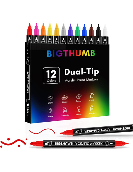 Marcadores Acrílicos Doble Punta BIGTHUMB 12 Colores 1-5mm