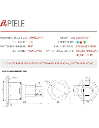 Interruptor de Arranque por Pulsador APIELE 12V LED Azul 19mm