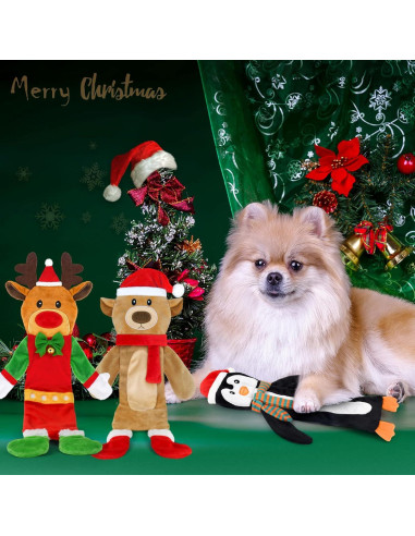 Paquete de 3 Juguetes Navideños para Perros Yoochee - Reno, Pingüino, Oso