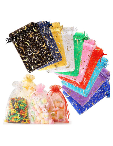 100 Bolsas de Joyería de Organza ENNIYU 8x10cm Estrellas y Lunas