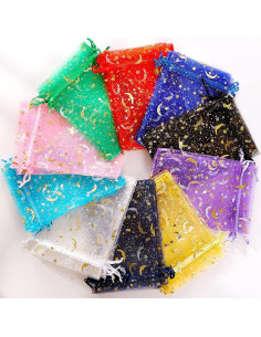 100 Bolsas de Joyería de Organza ENNIYU 8x10cm Estrellas y Lunas 2