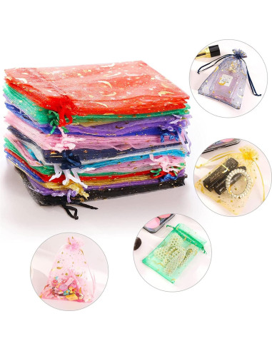 100 Bolsas de Joyería de Organza ENNIYU 8x10cm Estrellas y Lunas